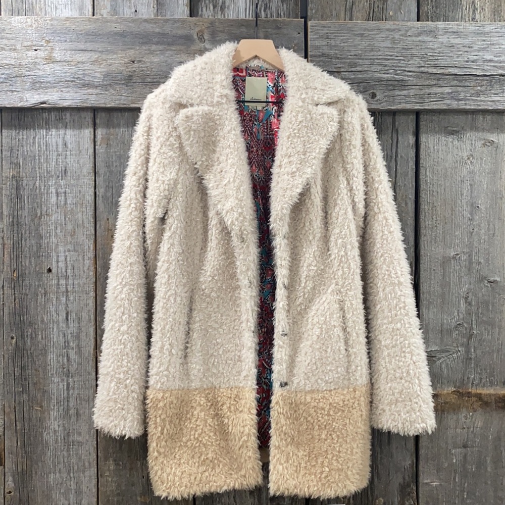 Anthropologie Two-Tone Cream and Tan Teddy Coat